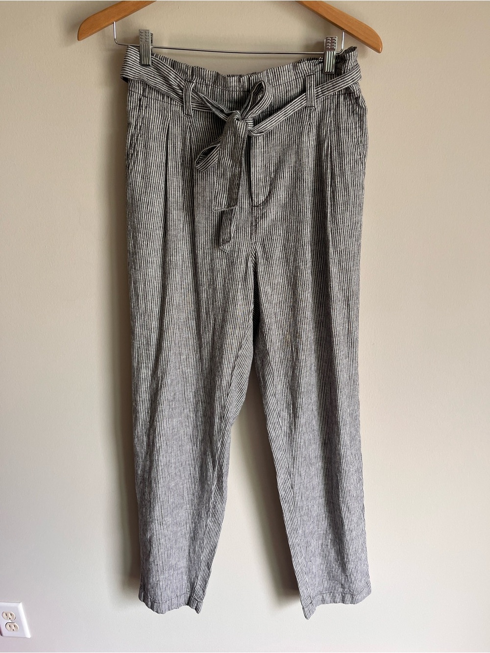LOFT NEW Women's Paperbag Waist Belted Stripe Linen Cotton Blend Pants Size ST